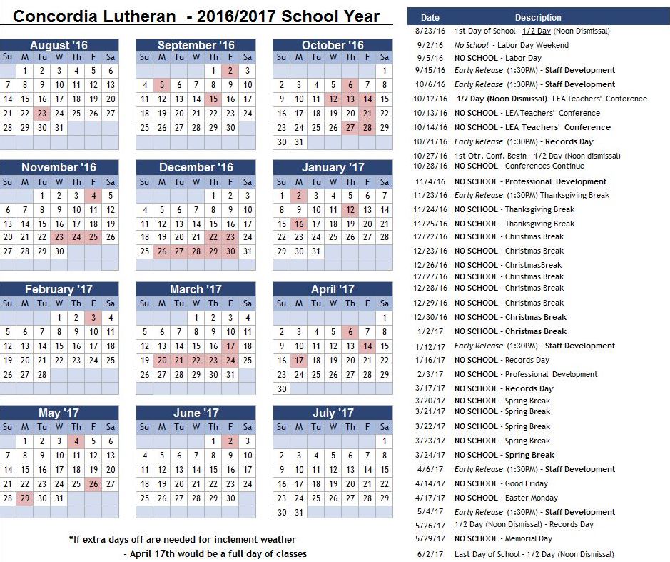 Concordia Academic Calendar Time Table